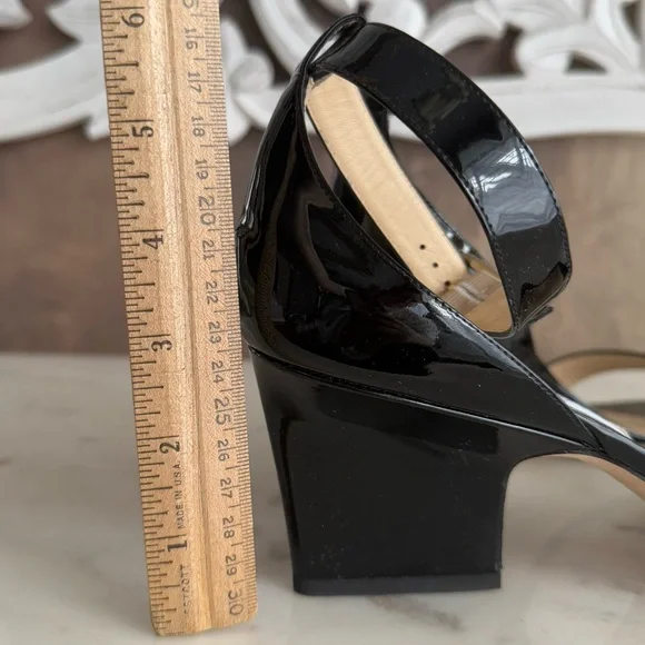 JIMMY CHOO Black patent leather low wedge heel sandals ankle strap